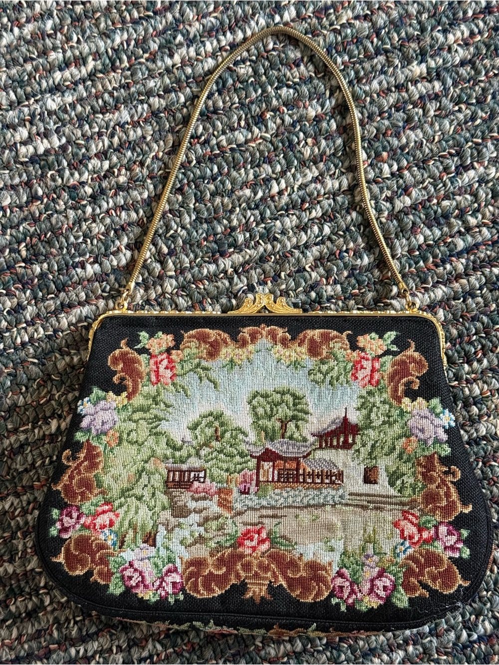 Vintage Petit Point Tapestry Purse Needlepoint Asian motif evening bag